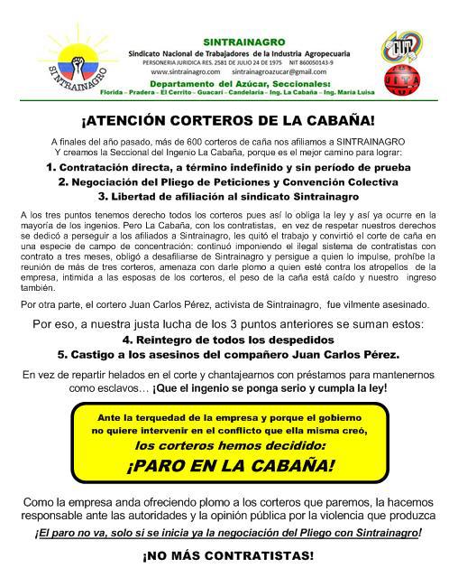 comunicado de la organización sindical de los Corteros de caña, SINTRAINAGRO