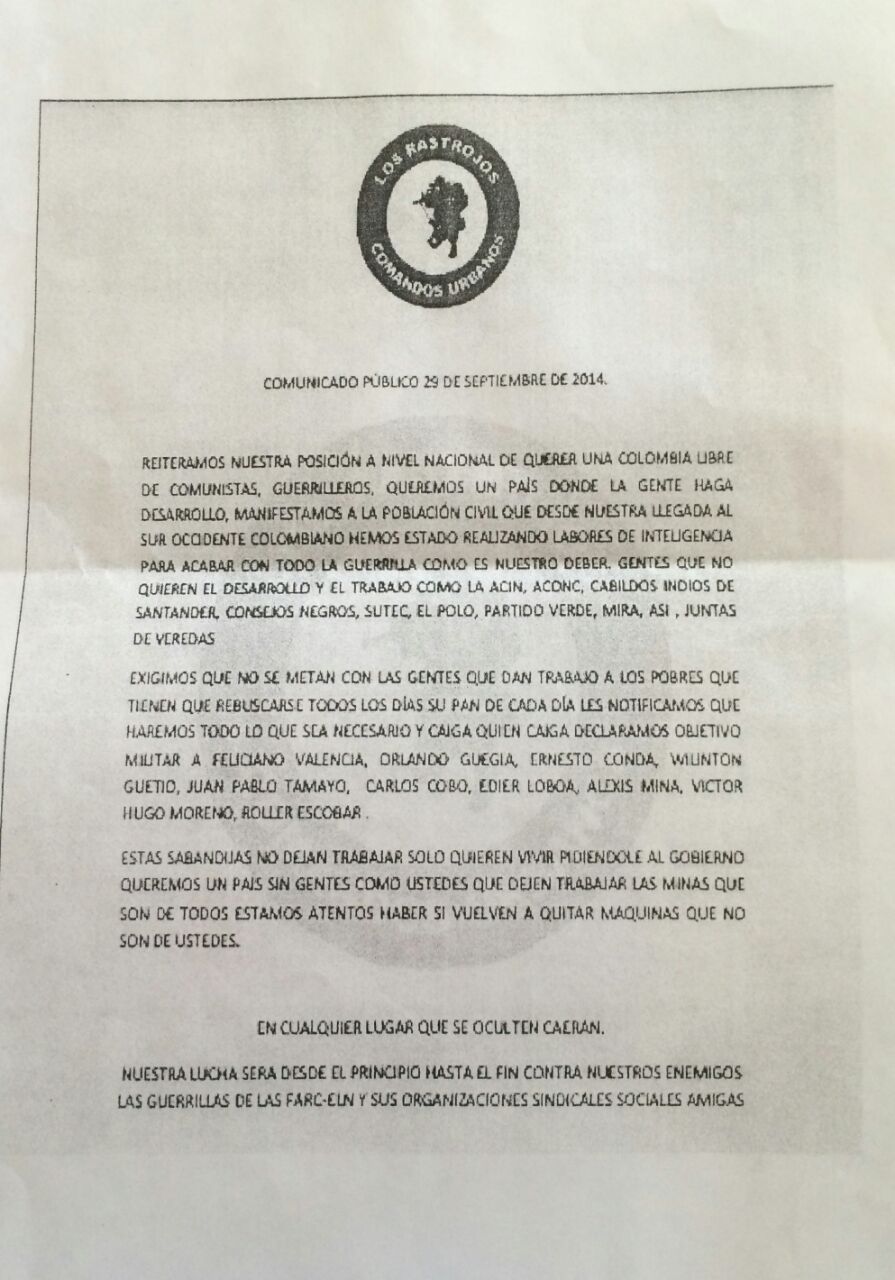 PARAMILITARES AMENAZAN A COMUNIDADES NEGRAS