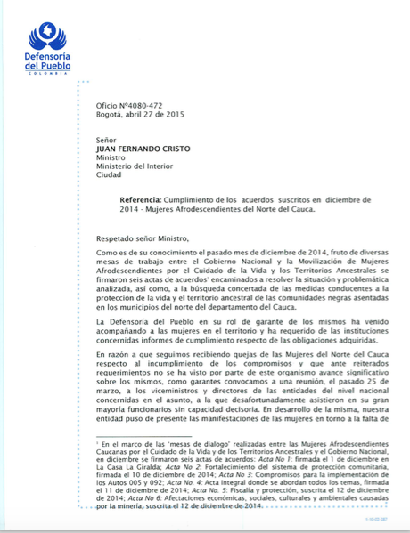 INCUMPLIMIENTO DE LOS ACUERDOS  A LAS MUJERES AFRODESCENDIENTES DEL NORTE DEL CAUCA