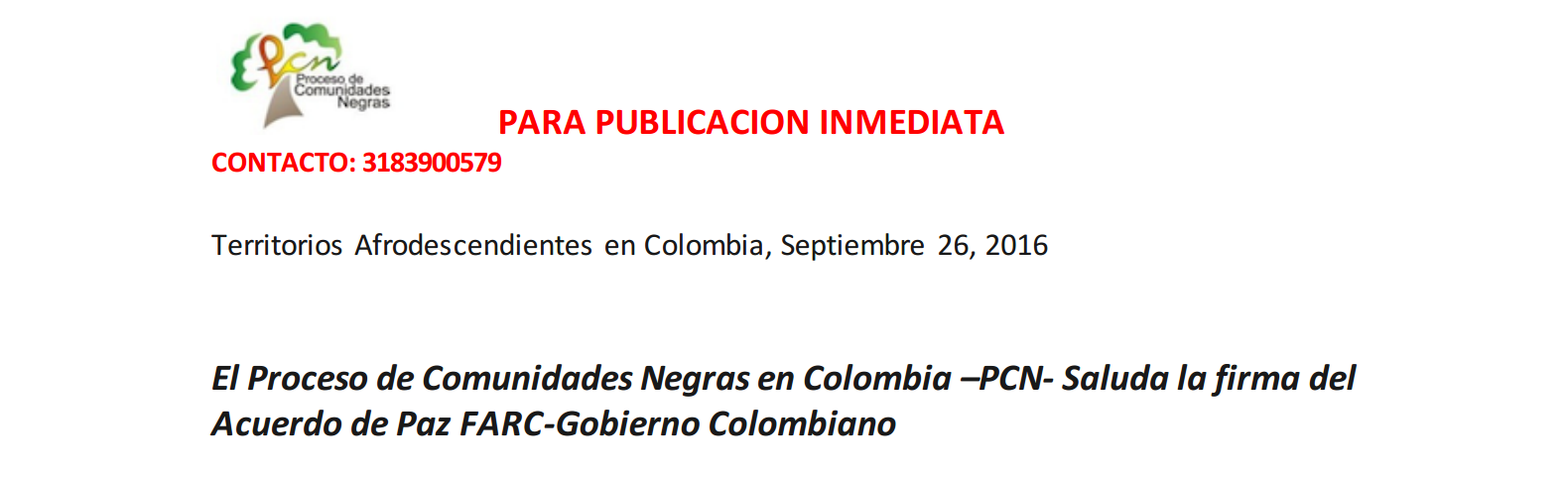 El Proceso de Comunidades Negras en Colombia –PCN- Saluda la firma del Acuerdo de Paz FARC-Gobierno Colombiano