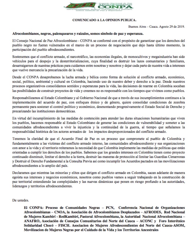 Comunicado del CONPA frente al Rearme de exintegrantes de las FARC