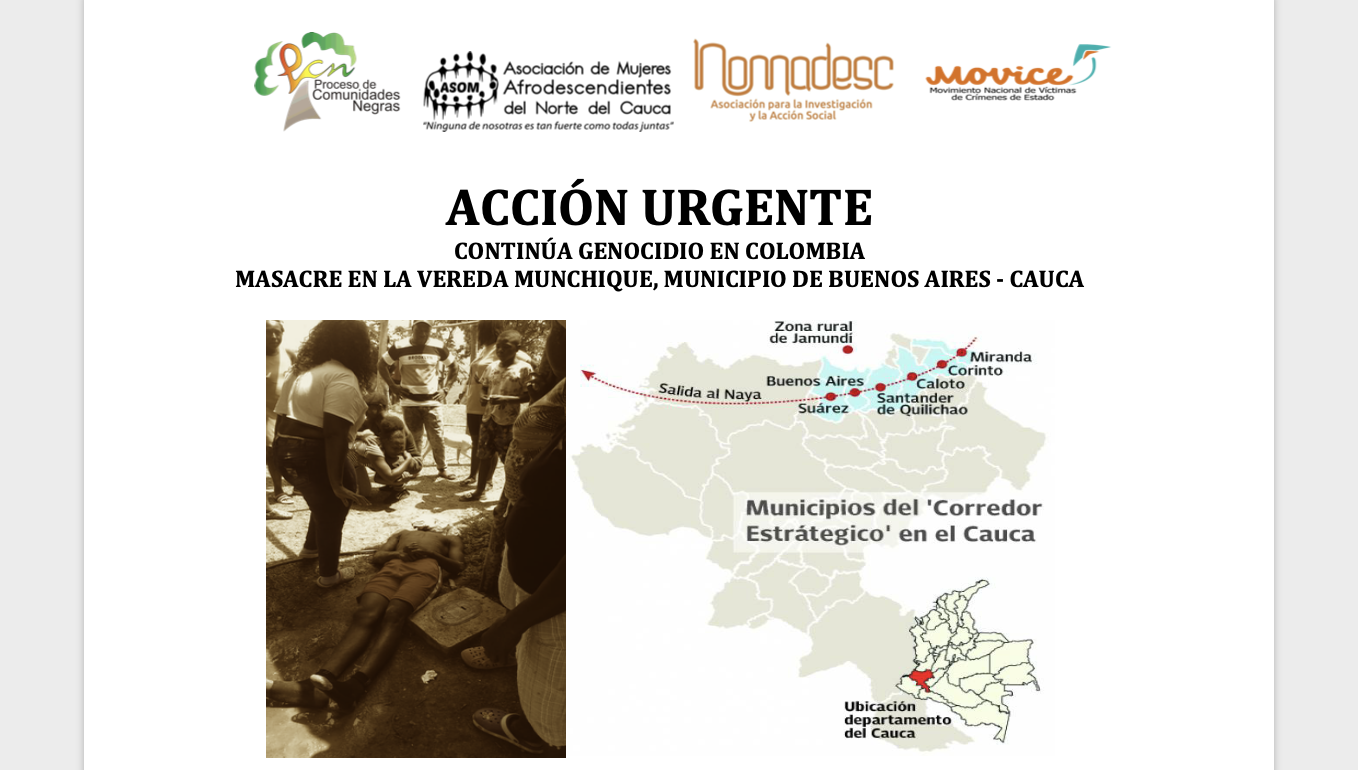 CONTINUA EL ETNOCIDIO EN COLOMBIA MASACRE EN LA VEREDA MUNCHIQUE, MUNICIPIO DE BUENOS AIRES – CAUCA