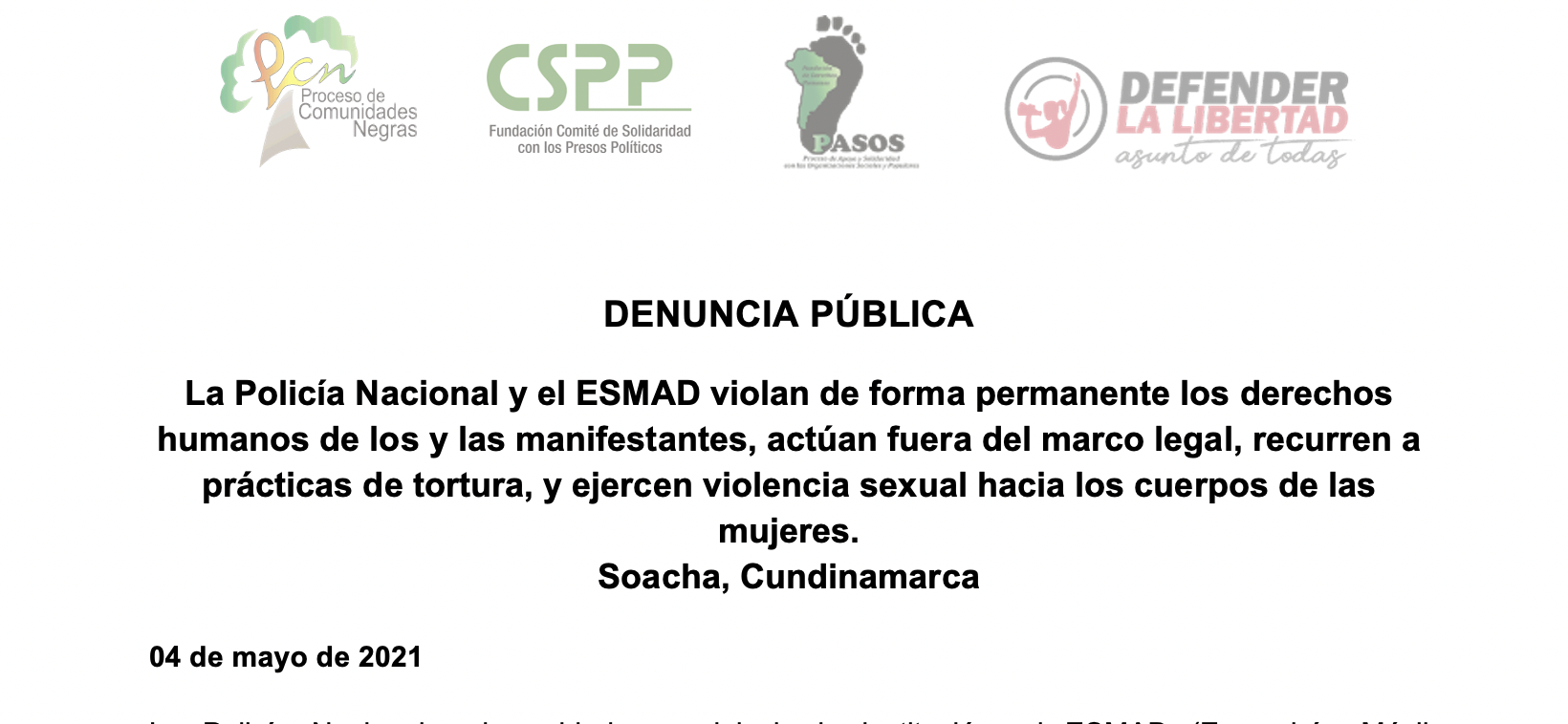 La Policía Nacional y el ESMAD  ejercen violencia sexual hacia los cuerpos de las mujeres.